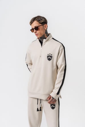 Erkek Şerit Detaylı Yarım Fermuarlı Modal Sweatshirt Ekru