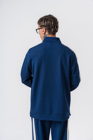 Erkek Şerit Detaylı Yarım Fermuarlı Modal Sweatshirt Lacivert