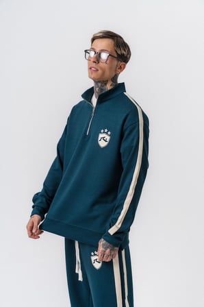 Erkek Şerit Detaylı Yarım Fermuarlı Modal Sweatshirt Zümrüt