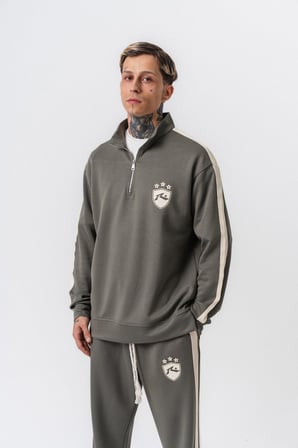 Erkek Şerit Detaylı Yarım Fermuarlı Modal Sweatshirt Haki