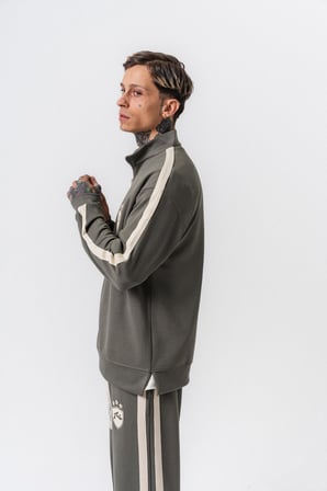 Erkek Şerit Detaylı Yarım Fermuarlı Modal Sweatshirt Haki
