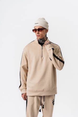 Erkek Şerit Detaylı Yarım Fermuarlı Modal Sweatshirt Bej