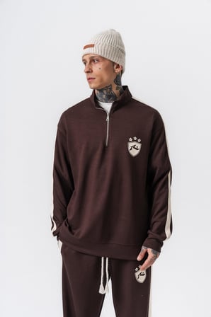 Erkek Şerit Detaylı Yarım Fermuarlı Modal Sweatshirt Kahve