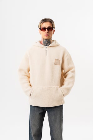 Erkek Yarım Fermuarlı Kapüşonlu Oversize Peluş Hoodie Ekru