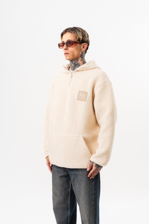 Erkek Yarım Fermuarlı Kapüşonlu Oversize Peluş Hoodie Ekru