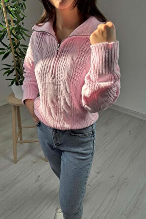 Explode - Kadın Pembe Fermuarlı Yaka  Oversize Örgülü Triko Kazak