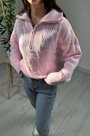 Explode - Kadın Pembe Fermuarlı Yaka  Oversize Örgülü Triko Kazak