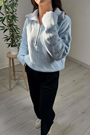 Explode - Kadın Mavi Fermuarlı Yaka  Oversize Örgülü Triko Kazak