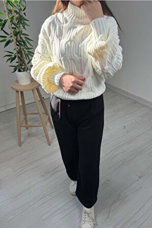 Explode - Kadın Beyaz Yarım Boğazlı Örgülü Oversize Triko Kazak