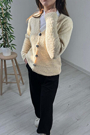 Explode - Kadın Bej Düğmeli Yün Triko Hırka