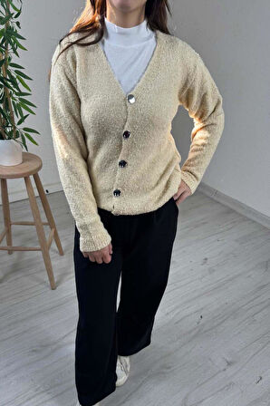 Explode - Kadın Bej Düğmeli Yün Triko Hırka