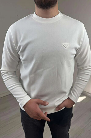 Explode - Erkek Beyaz Bisiklet Yaka Slim Kazak