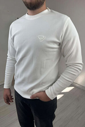 Explode - Erkek Beyaz Bisiklet Yaka Slim Kazak