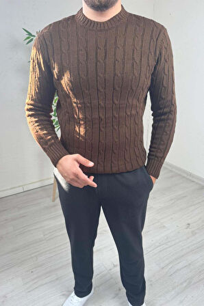 Explode - Erkek Kahve Örgülü Slim Fit Bisiklet Yaka Triko Kazak