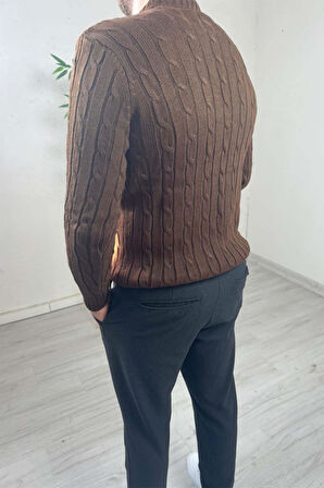 Explode - Erkek Kahve Örgülü Slim Fit Bisiklet Yaka Triko Kazak