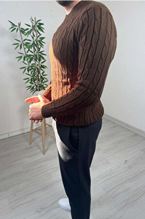 Explode - Erkek Kahve Örgülü Slim Fit Bisiklet Yaka Triko Kazak