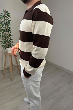 Explode - Erkek Ekru - Kahve Şerit Desenli Polo Yaka Oversize Triko Kazak