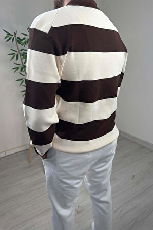 Explode - Erkek Ekru - Kahve Şerit Desenli Polo Yaka Oversize Triko Kazak