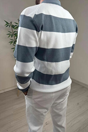 Explode - Erkek Mavi - Ekru Şerit Desenli Polo Yaka Oversize Triko Kazak