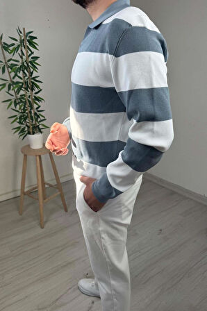 Explode - Erkek Mavi - Ekru Şerit Desenli Polo Yaka Oversize Triko Kazak