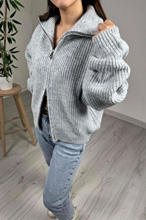 Explode - Kadın Premium Gri Çift Fermuarlı Overisize Triko Kazak