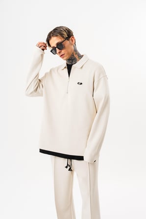 Erkek Yarım Fermuarlı Modal Sweatshirt Ekru