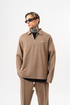 Erkek Yarım Fermuarlı Modal Sweatshirt Vizon