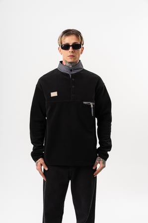 Erkek Düğme Detaylı Oversize Polar Sweatshirt Siyah