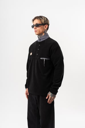 Erkek Düğme Detaylı Oversize Polar Sweatshirt Siyah