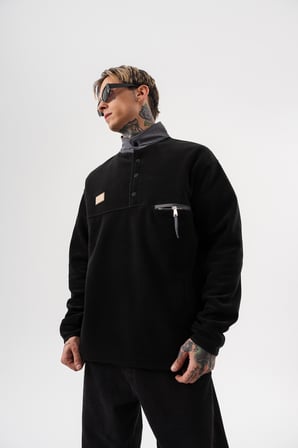 Erkek Düğme Detaylı Oversize Polar Sweatshirt Siyah