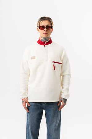 Erkek Düğme Detaylı Oversize Polar Sweatshirt Ekru