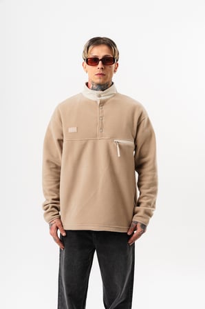 Erkek Düğme Detaylı Oversize Polar Sweatshirt Bej
