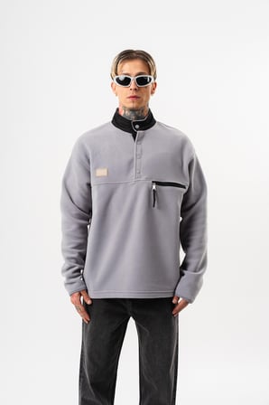 Erkek Düğme Detaylı Oversize Polar Sweatshirt Gri