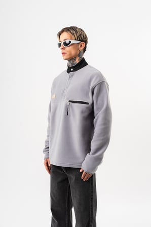 Erkek Düğme Detaylı Oversize Polar Sweatshirt Gri