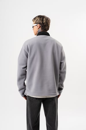 Erkek Düğme Detaylı Oversize Polar Sweatshirt Gri