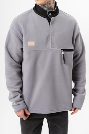 Erkek Düğme Detaylı Oversize Polar Sweatshirt Gri