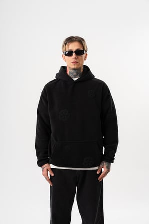Erkek Süzene Nakış Detaylı Kapüşonlu Oversize Polar Hoodie Siyah