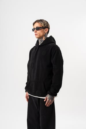 Erkek Süzene Nakış Detaylı Kapüşonlu Oversize Polar Hoodie Siyah