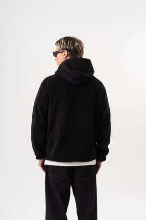 Erkek Süzene Nakış Detaylı Kapüşonlu Oversize Polar Hoodie Siyah