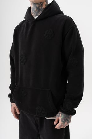 Erkek Süzene Nakış Detaylı Kapüşonlu Oversize Polar Hoodie Siyah