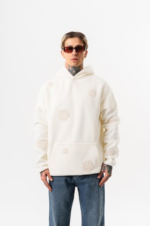 Erkek Süzene Nakış Detaylı Kapüşonlu Oversize Polar Hoodie Ekru