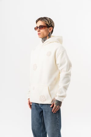 Erkek Süzene Nakış Detaylı Kapüşonlu Oversize Polar Hoodie Ekru