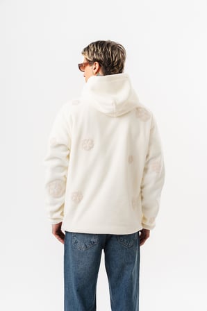 Erkek Süzene Nakış Detaylı Kapüşonlu Oversize Polar Hoodie Ekru