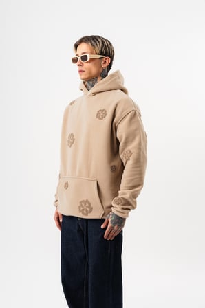 Erkek Süzene Nakış Detaylı Kapüşonlu Oversize Polar Hoodie Bej