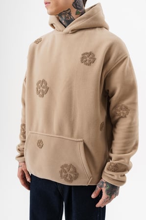 Erkek Süzene Nakış Detaylı Kapüşonlu Oversize Polar Hoodie Bej