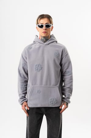 Erkek Süzene Nakış Detaylı Kapüşonlu Oversize Polar Hoodie Gri
