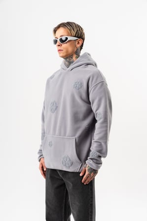 Erkek Süzene Nakış Detaylı Kapüşonlu Oversize Polar Hoodie Gri