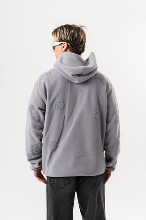Erkek Süzene Nakış Detaylı Kapüşonlu Oversize Polar Hoodie Gri