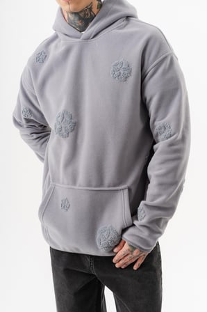 Erkek Süzene Nakış Detaylı Kapüşonlu Oversize Polar Hoodie Gri
