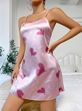 Kadın Pembe Saten Askılı fuşya kalp Desen baskılı Gecelik 2217